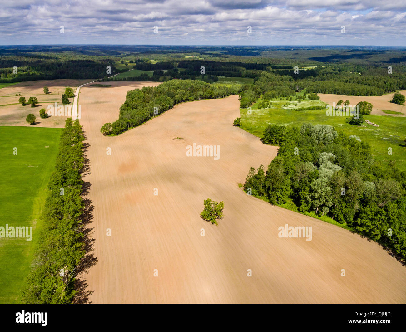 drone image. aerial view of rural area with freshly cultivated fields ...