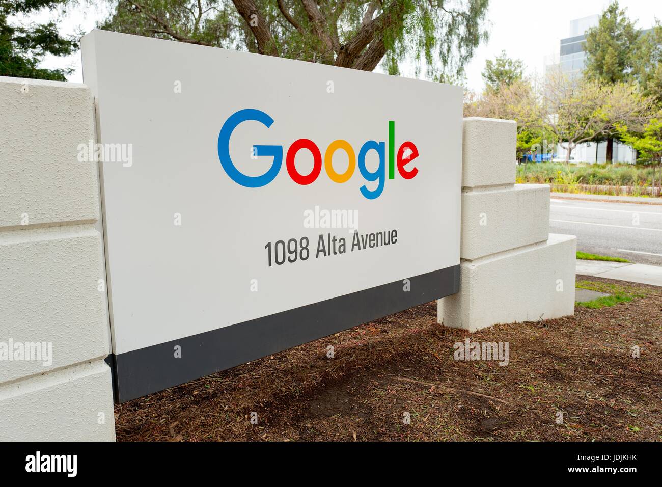Signage for Google Inc at the Googleplex, the Silicon Valley headquarters of search engine and technology company Google Inc, Mountain View, California, April 7, 2017. Stock Photo