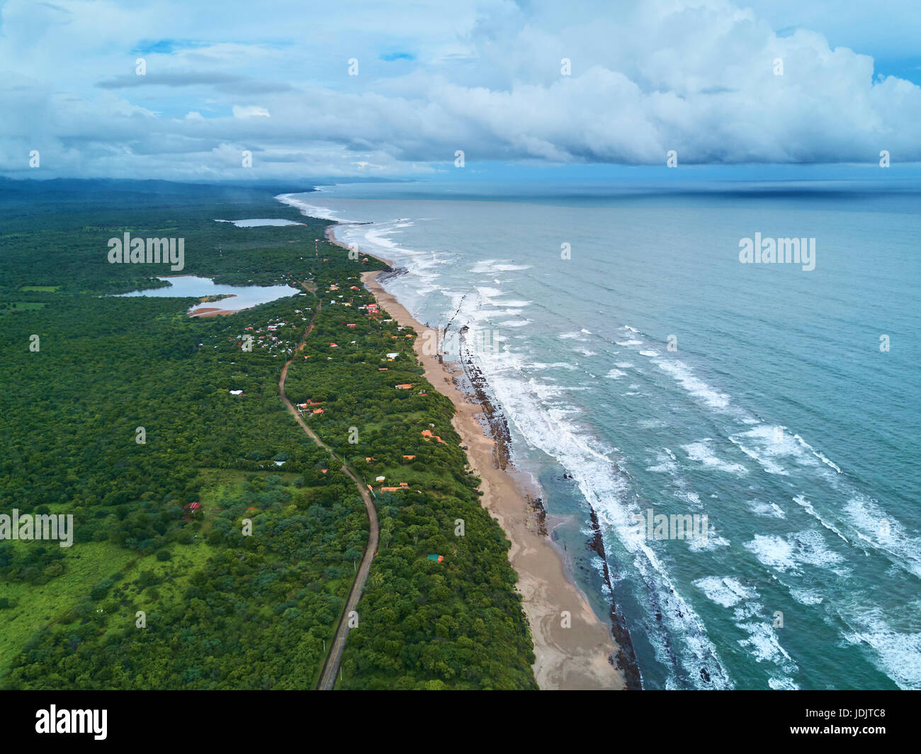 Stormy weather in ocean coast aerial view. Rain in pacific  shore Stock Photo