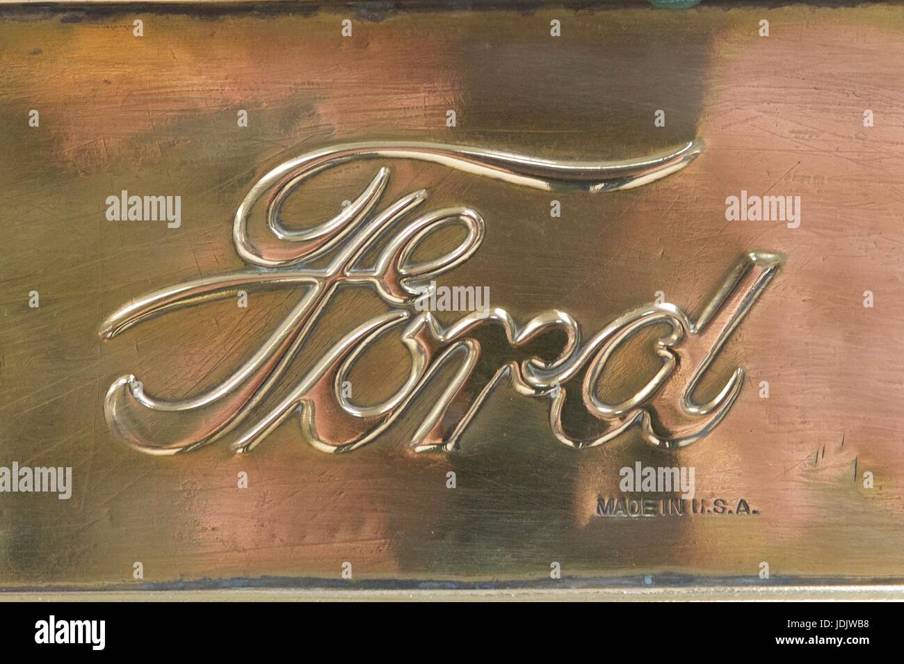Ford logo started on a Model T brass radiator Stock Photo