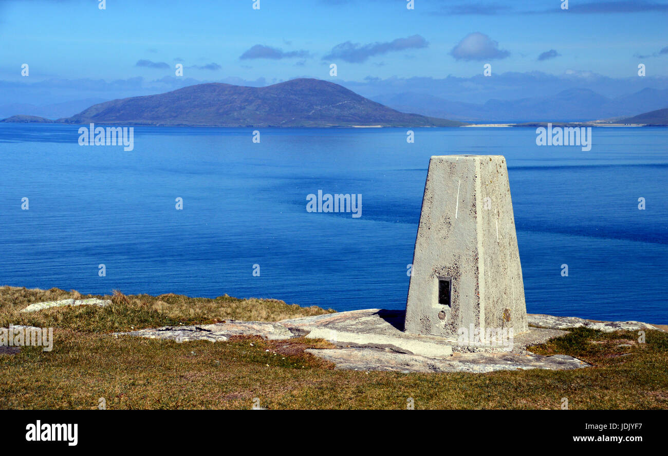 Looking over the Sound of Harris Towards Ceapabhal Hill from the Trig Point of Beinn Shleibhe on the Island of Berneray on North Uist, Outer Hebrides. Stock Photo