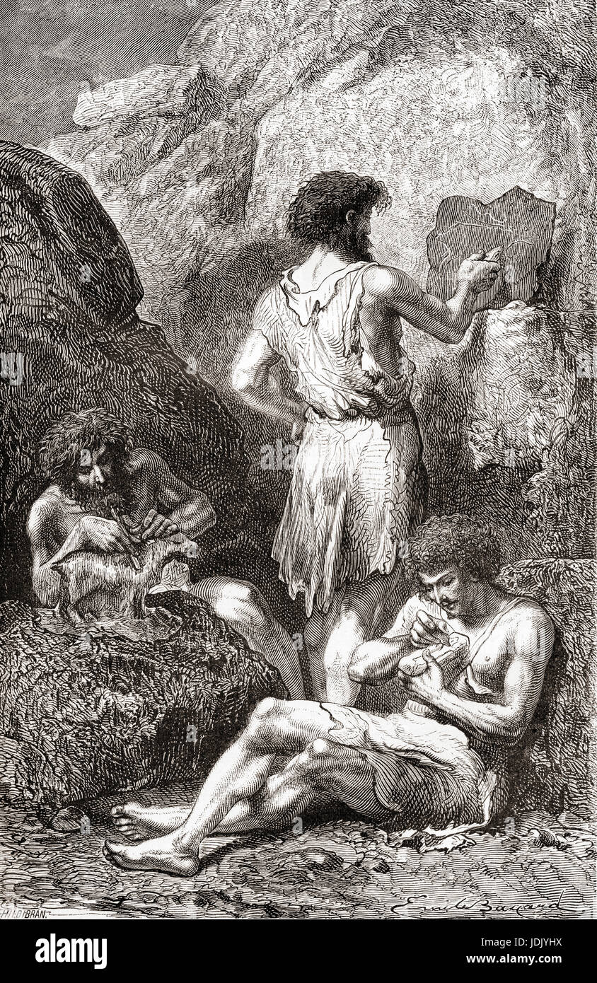Neanderthals sculpting and drawing on the walls of their caves during prehistoric times.  From L'Homme Primitif, published 1870. Stock Photo