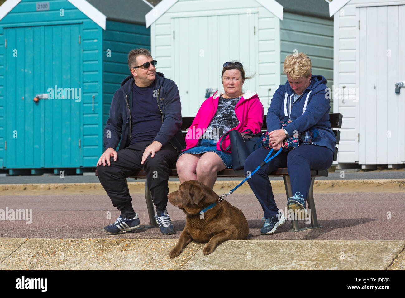 Three people sitting on bench enjoying the sunshine with dog at their feet at Bournemouth, Dorset in April Stock Photo