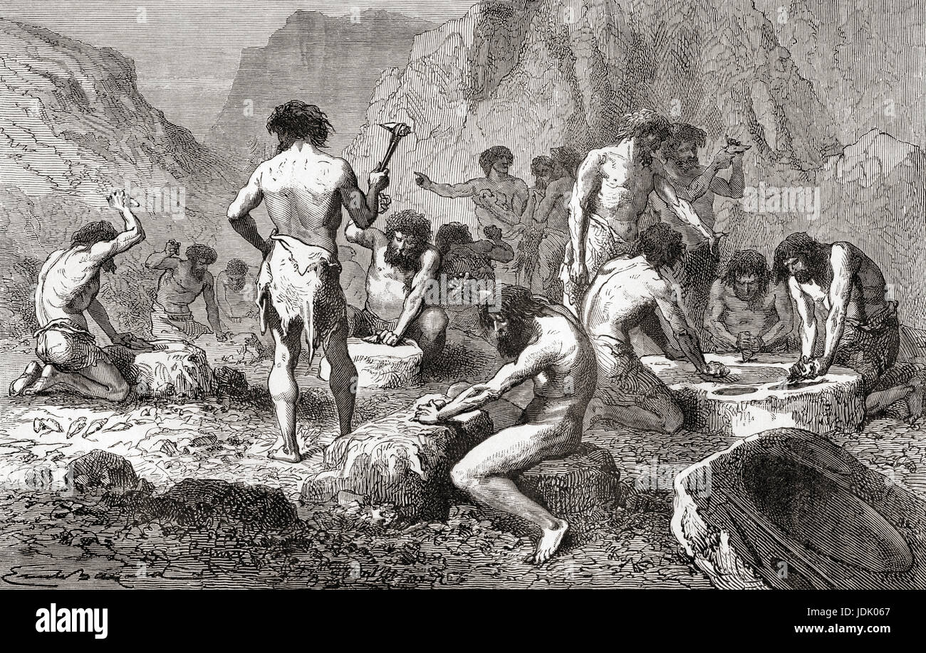 The first workshop of human industry, the manufacture and polishing of flint in Pressigny, France during the Neolithic Age aka New Stone Age or Age of the Polished Stone.  From L'Homme Primitif, published 1870. Stock Photo