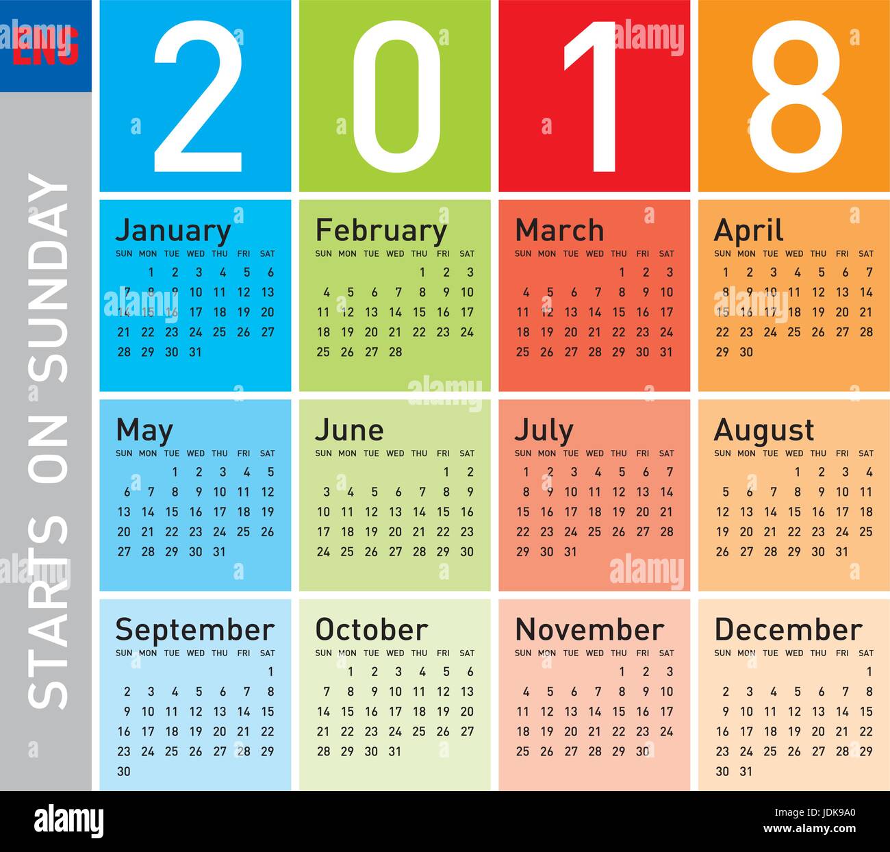 Colorful Calendar for Year 2018, in English. Week starts on Sunday Stock Vector