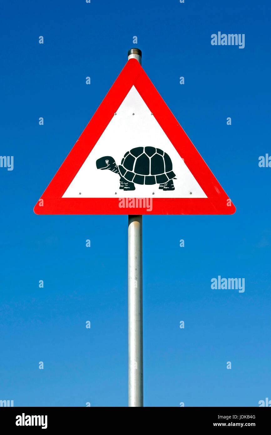 Road sign - esteem tortoises - Africa, Verkehrsschild - Achtung Schildkroeten - Afrika Stock Photo