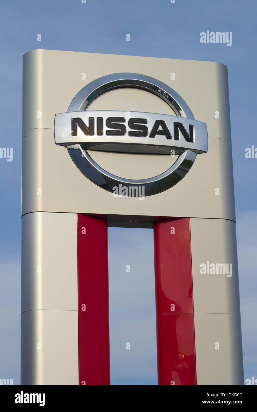 WESTVILLE, CANADA - JUNE 11, 2017: Nissan dealer sign. Nissan Motor Company is a Japanese multinational automobile manufacturer based in Japan. Stock Photo