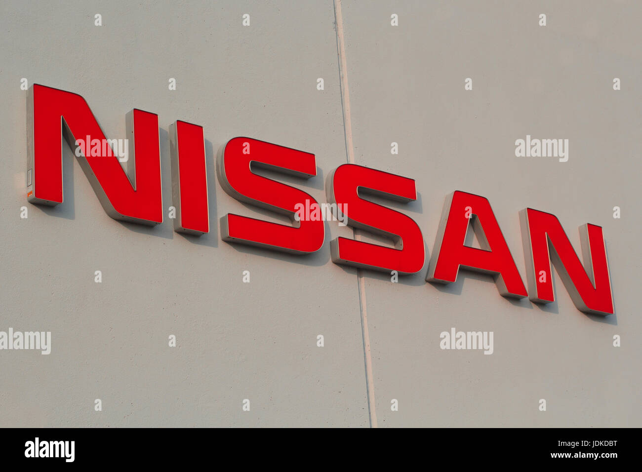 WESTVILLE, CANADA - JUNE 11, 2017: Nissan dealer sign. Nissan Motor Company is a Japanese multinational automobile manufacturer based in Japan. Stock Photo