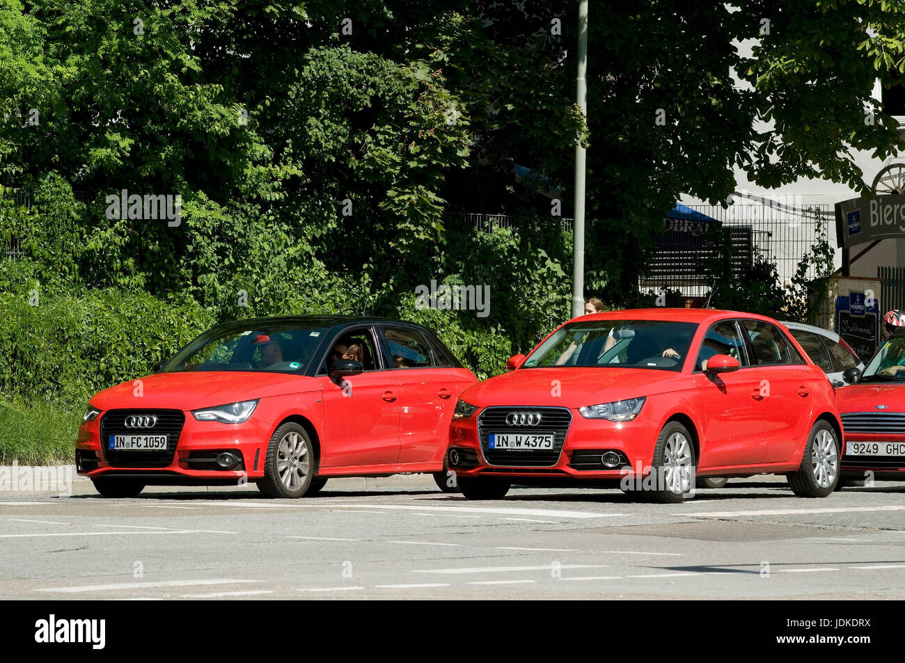 Europe, Germany, Bavaria, Ingolstadt, two red Audi models, , Europa, Deutschland, Bayern,  zwei rote Audi-Modelle Stock Photo
