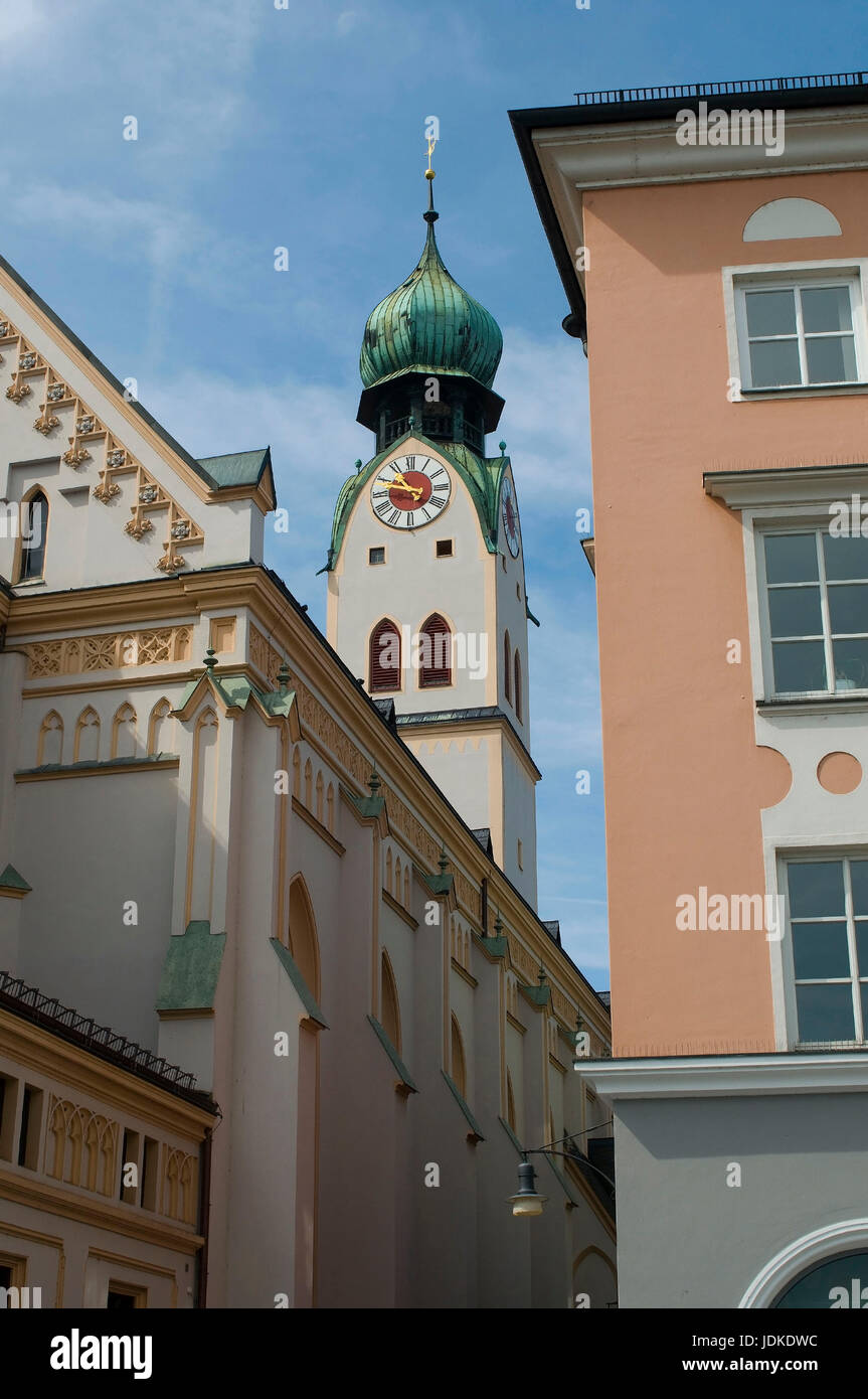 Europe, Germany, Bavaria, Rosenheim, tower of the Catholic parish church Saint Nikolaus, , Europa, Deutschland, Bayern, Turm der katholischen Pfarrkir Stock Photo
