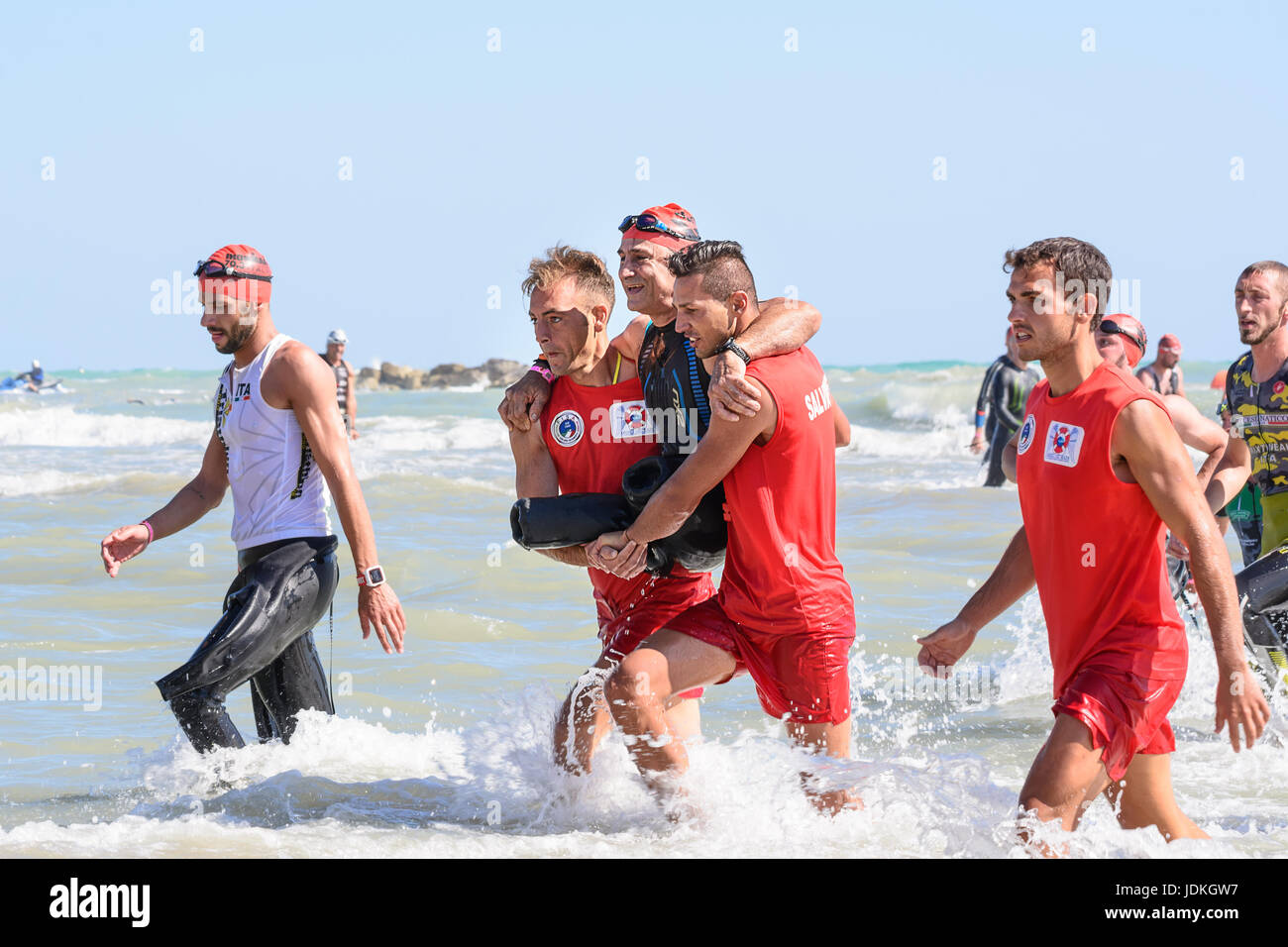 Pescara, Italy - June 18, 2017: Arrival for the swimming test of disabled athlete Alex Zanardi at Ironman 70.3 Pescara of June 18, 2017 Stock Photo