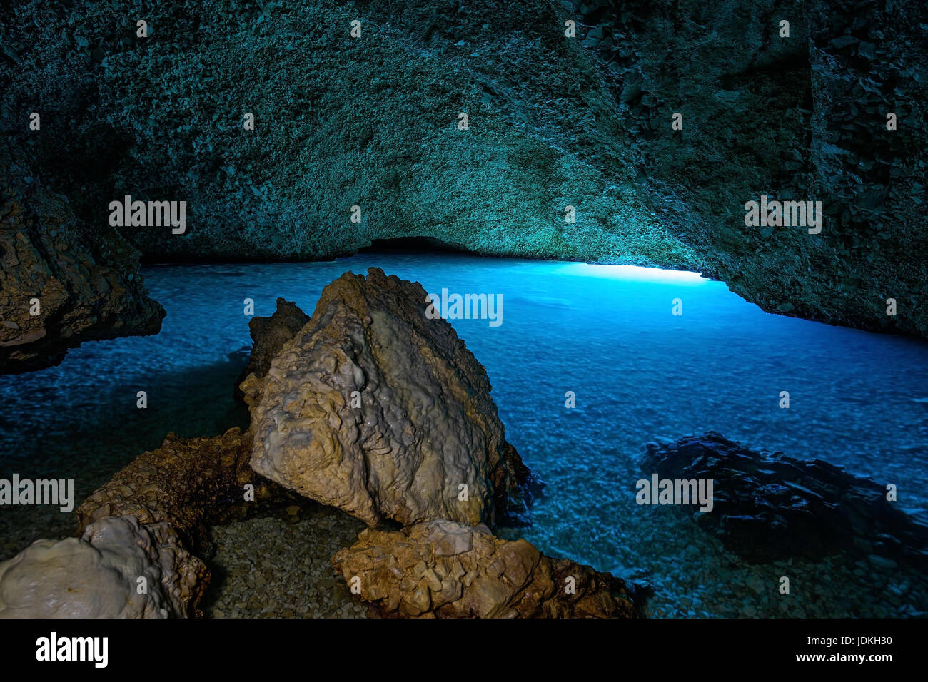 Plava Grotta, cave with the radiant blue water which originates from sunlight occurring under water. Croatia, Europe, , Höhle mit leuchtend blauem Was Stock Photo