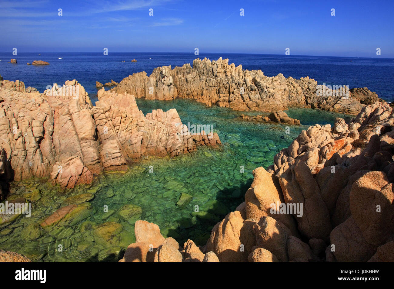 Sardinia, Italy, Costa Paradiso, red rocky cliffs by the sea,  Sardinien, Italien, Rote Felsklippen am Meer Stock Photo
