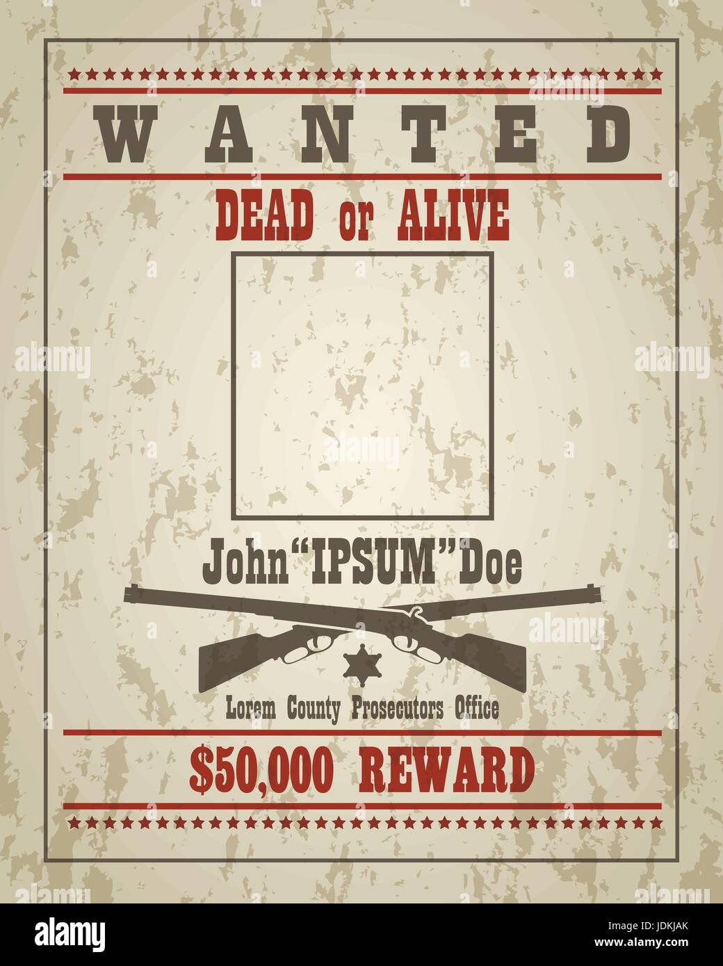 Wanted dead or alive western retro poster with grunge texture. Vector template with empty place your design. Stock Vector