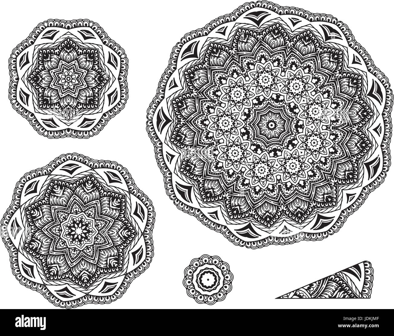 Linear carelessly drawn by hand a vector sketch ornamental mandala set. Abstract monochrome line art backdrop template collection. Black Florist decor Stock Vector