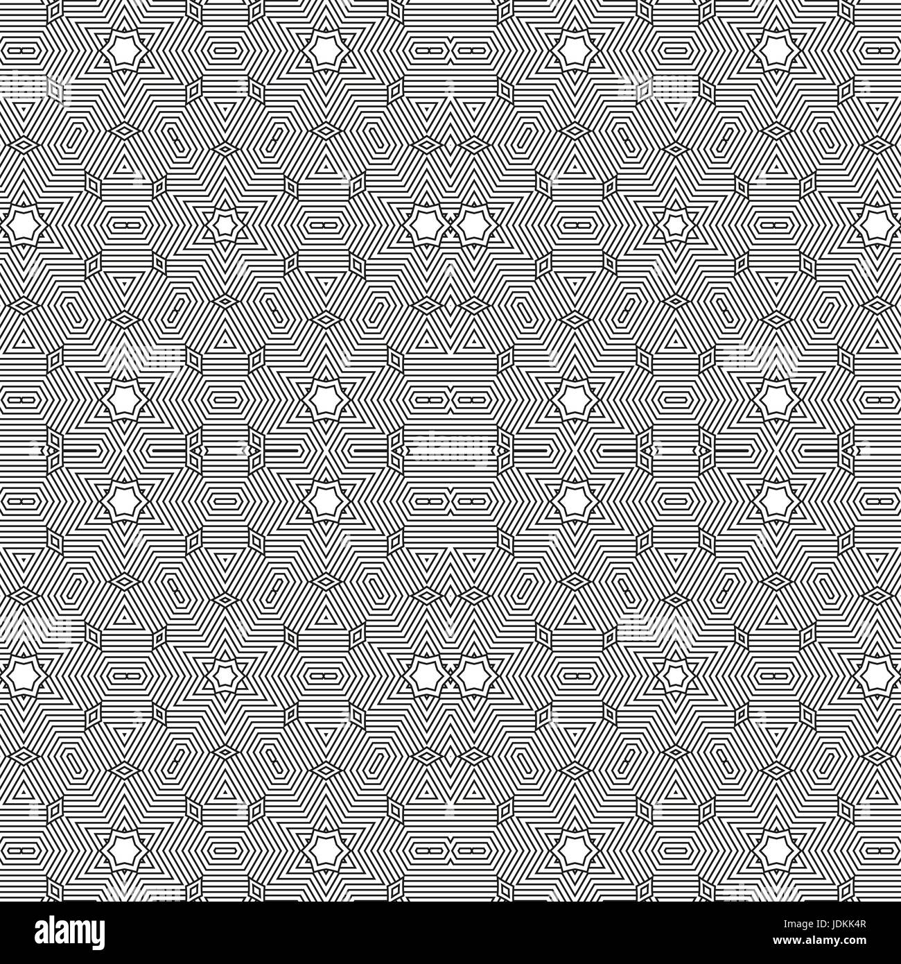 Ornamental linear pattern. Detailed vector illustration. Seamless black and white texture. Mandala design element Stock Vector