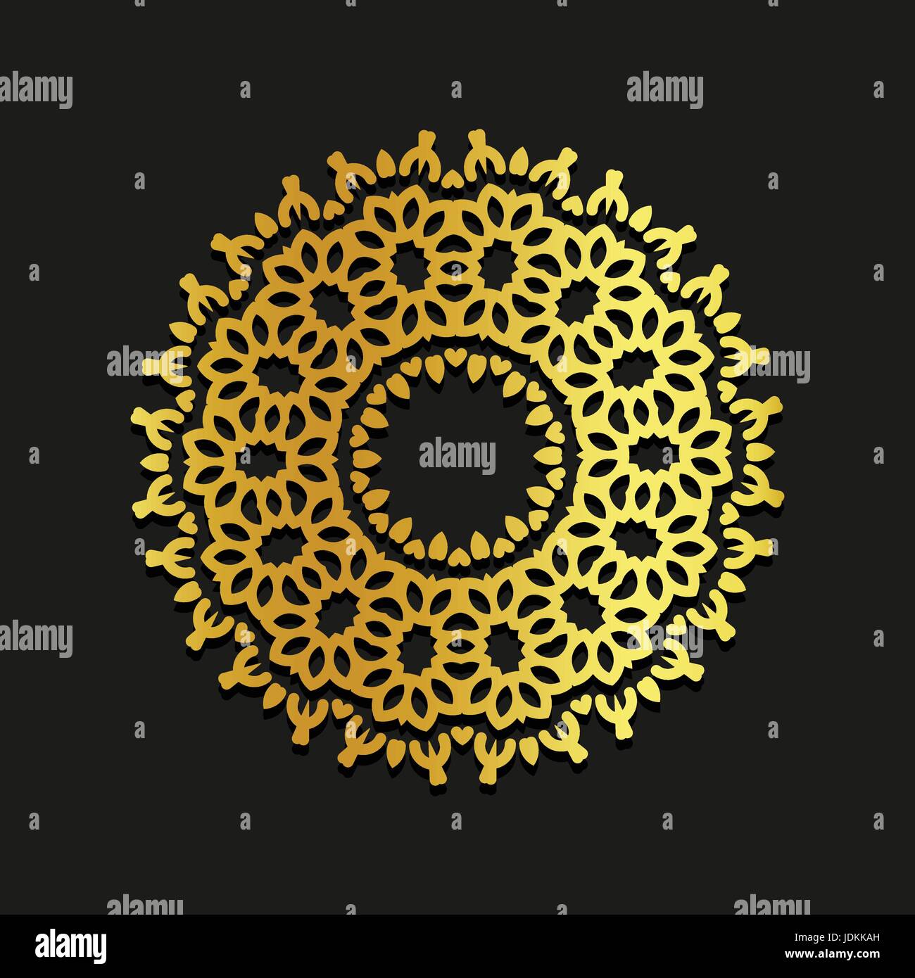 Linear gold vector ornamental mandala illustration. Abstract line art backdrop template logo. Golden beauty decorative design element on black backgro Stock Vector