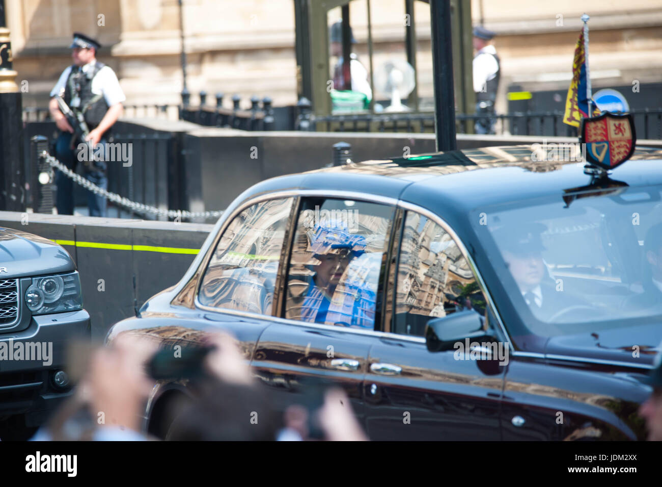 London, United Kingdom. 21st June 2017. Queen Elizabeth II on their way to the Houses of Parliament  before she addresses the State Opening of Parliament in the House of Lords at the Palace of Westminster. The State Opening of Parliament is the formal start of the parliamentary year. This year's Queen's Speech, setting out the government's agenda for the coming session  Michael Tubi / Alamy Live News Stock Photo