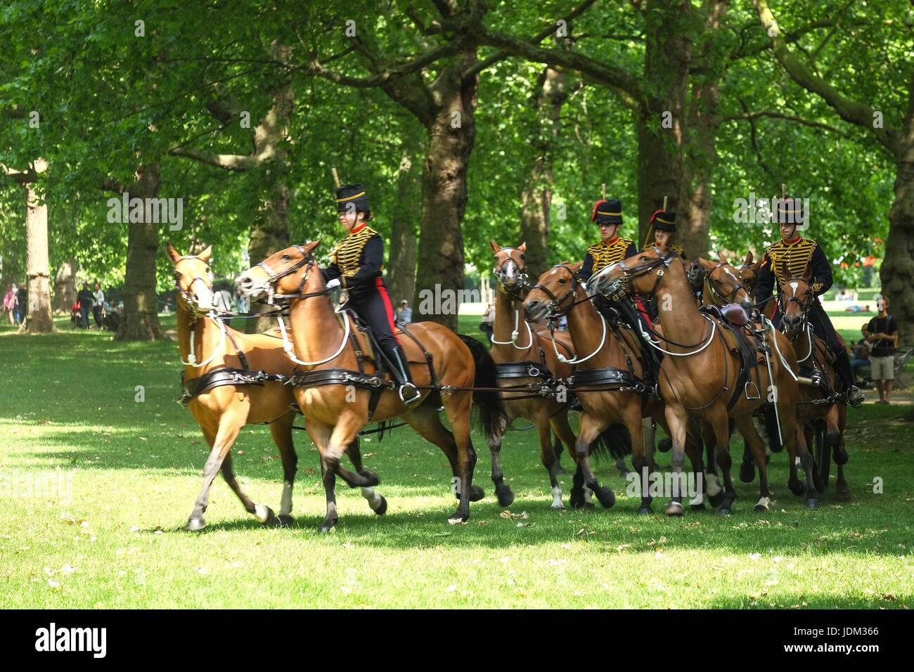 London: 21th June 2017. The Royal Artillary fire a 41 Gun Royal Salute in Green Park.The State Opening of Parliament marks the formal start of the parliamentary year and the Queen's Speech sets out the governments agenda for the coming session.  :Credit claire doherty Alamy/Live News. Stock Photo