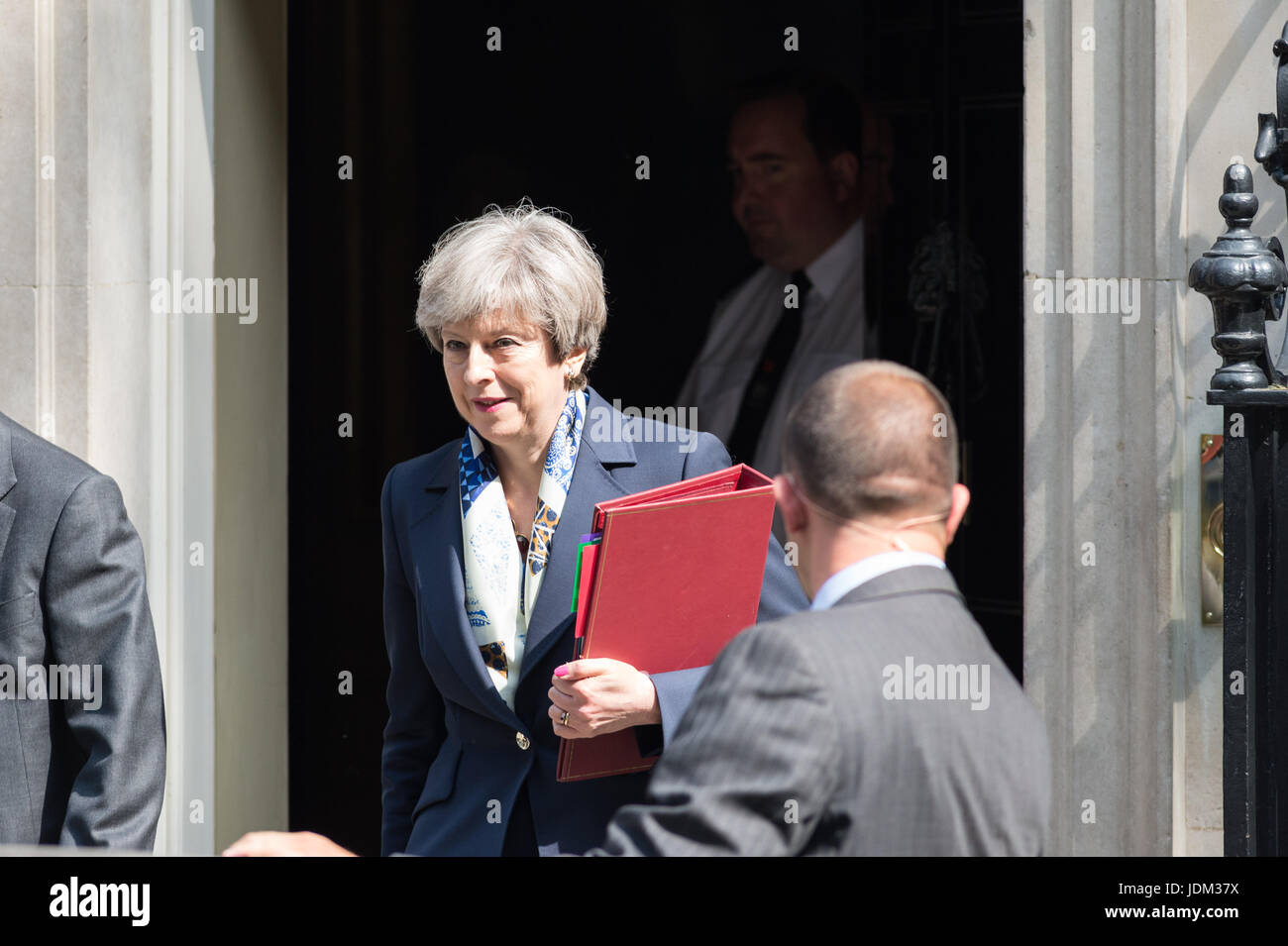 London, UK. 21st June, 2017. British Prime Minister Theresa May leaves 10 Downing Street for the State Opening of Parliament and the Queen's Speech, which sets out the Government's agenda for the new parliamentary session. Credit: Wiktor Szymanowicz/Alamy Live News Stock Photo