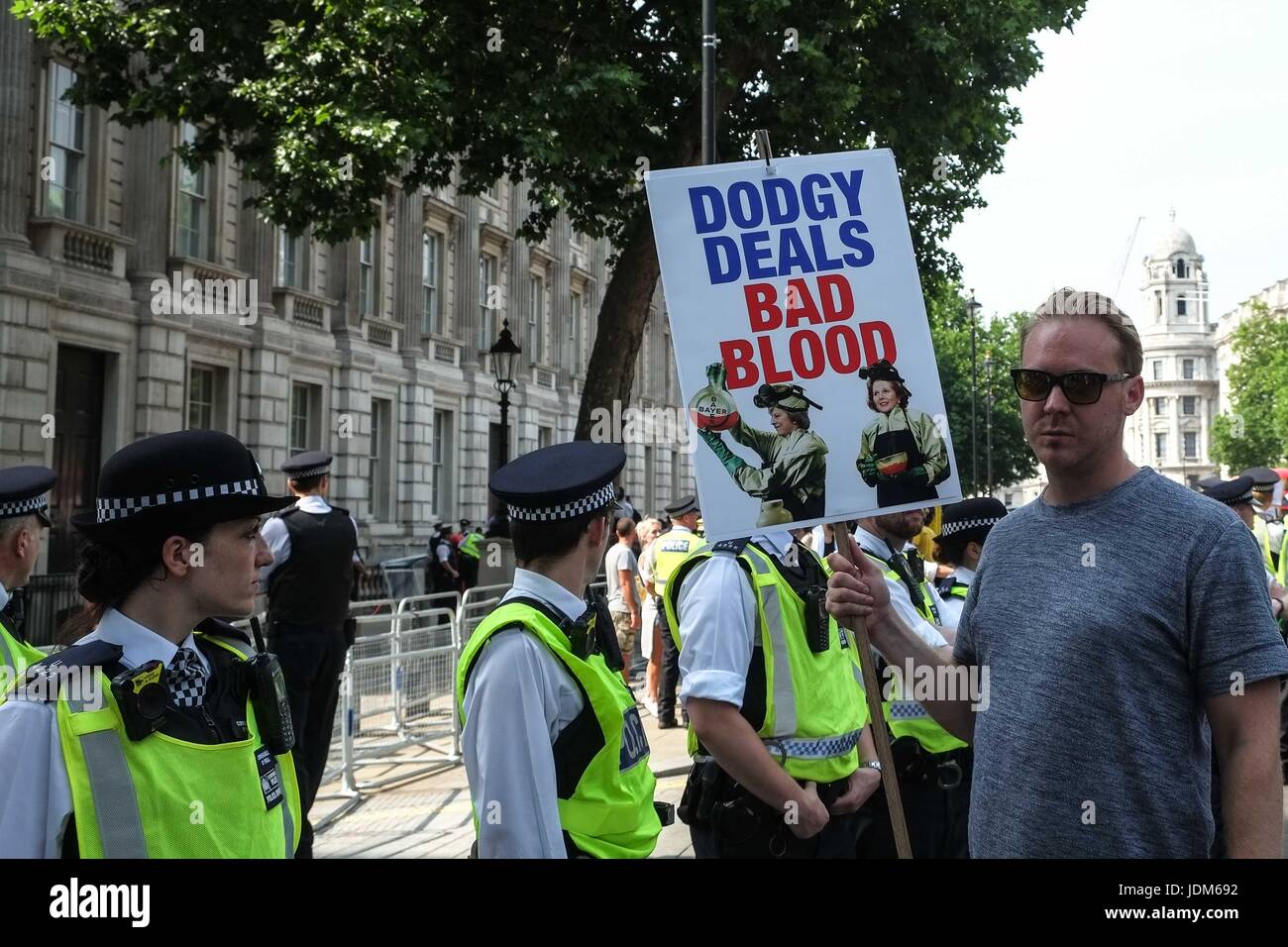 London, UK. 21st June, 2017. Protesters outside Downing Street.Day of Rage protesters march from Shepards Bush to Parliament demanding justice for the victims of the Grenfell Tower fire and Theresa Mays resignation. :Credit claire doherty Alamy/Live News. Stock Photo