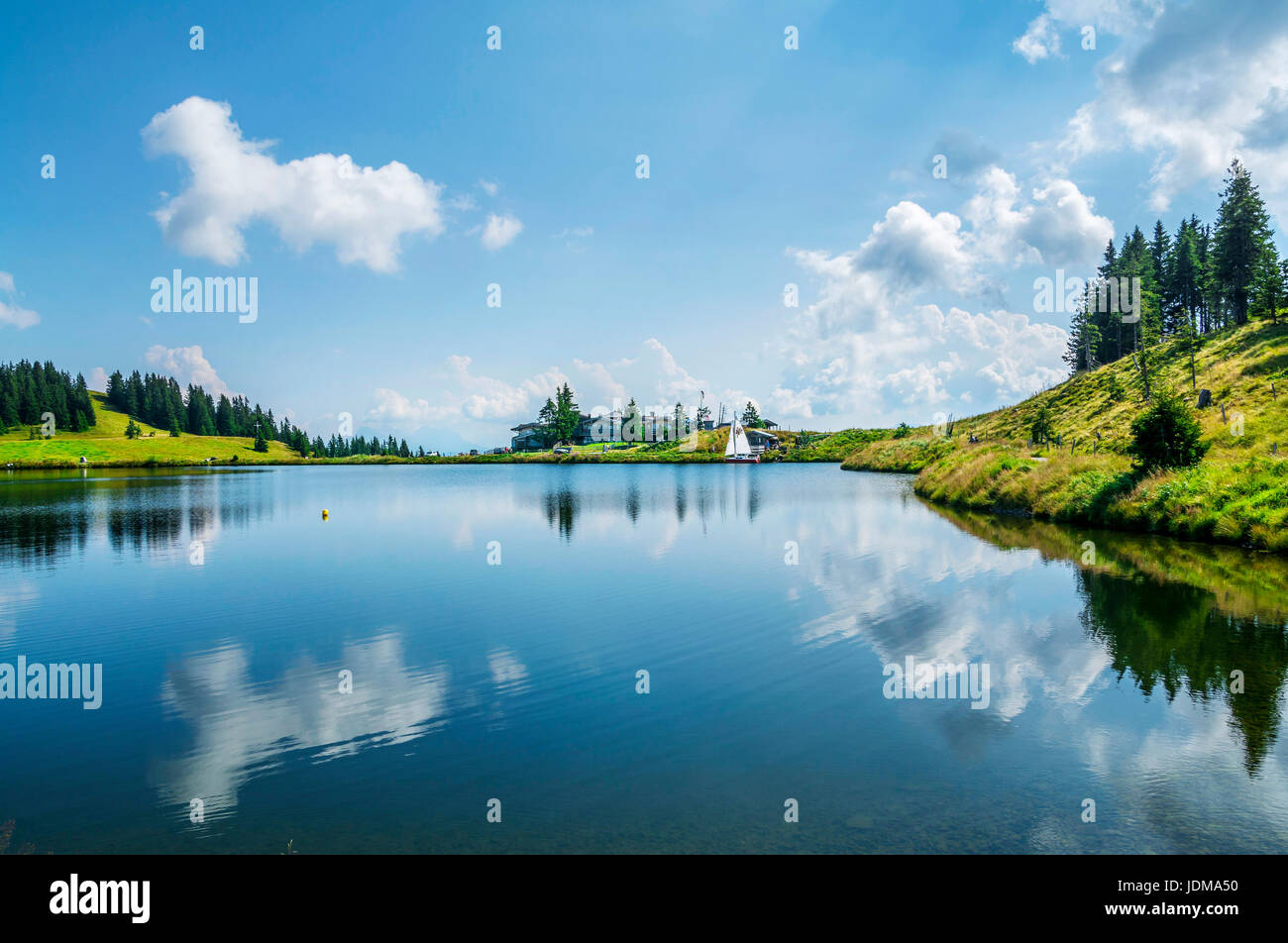 SCHEFFAU, TIROL, AUSTRIA - AUGUST 28, 2016. Hintersteinersee mountain lake, summer wellness attraction in Scheffau am Wilden Kaiser, Tirol, Austria Stock Photo