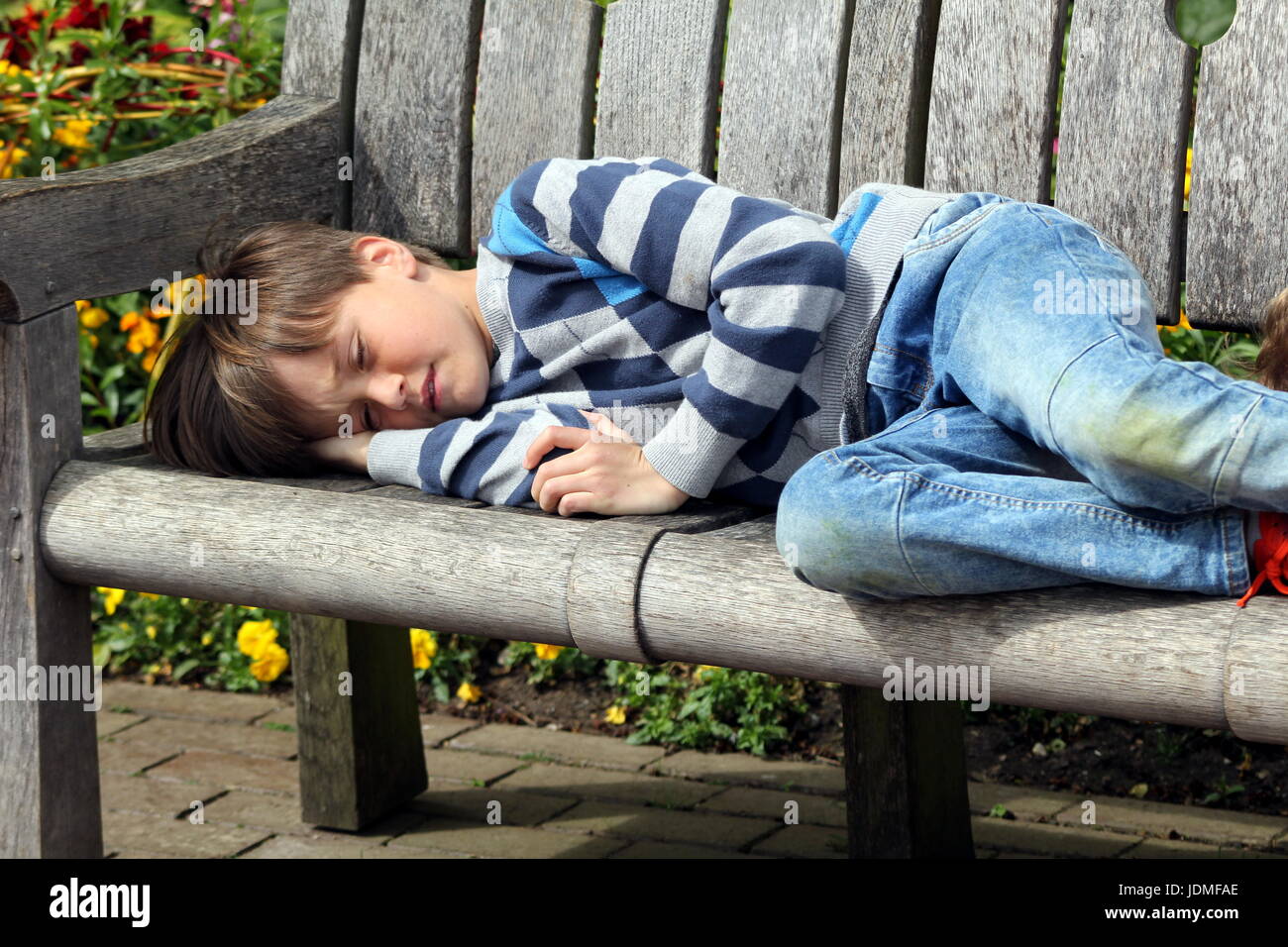 Young boy asleep on a wooden park bench Stock Photo Alamy