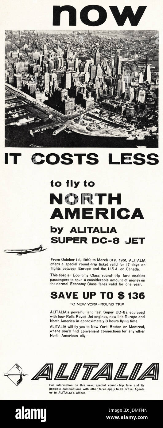 1960s advertisement advertising Alitalia airline flying to New York USA in magazine dated 5th December 1960 Stock Photo