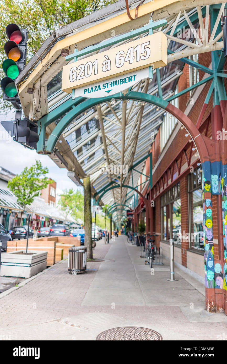 Montreal, Canada May 27, 2017 St Hubert street covered sidewalk with