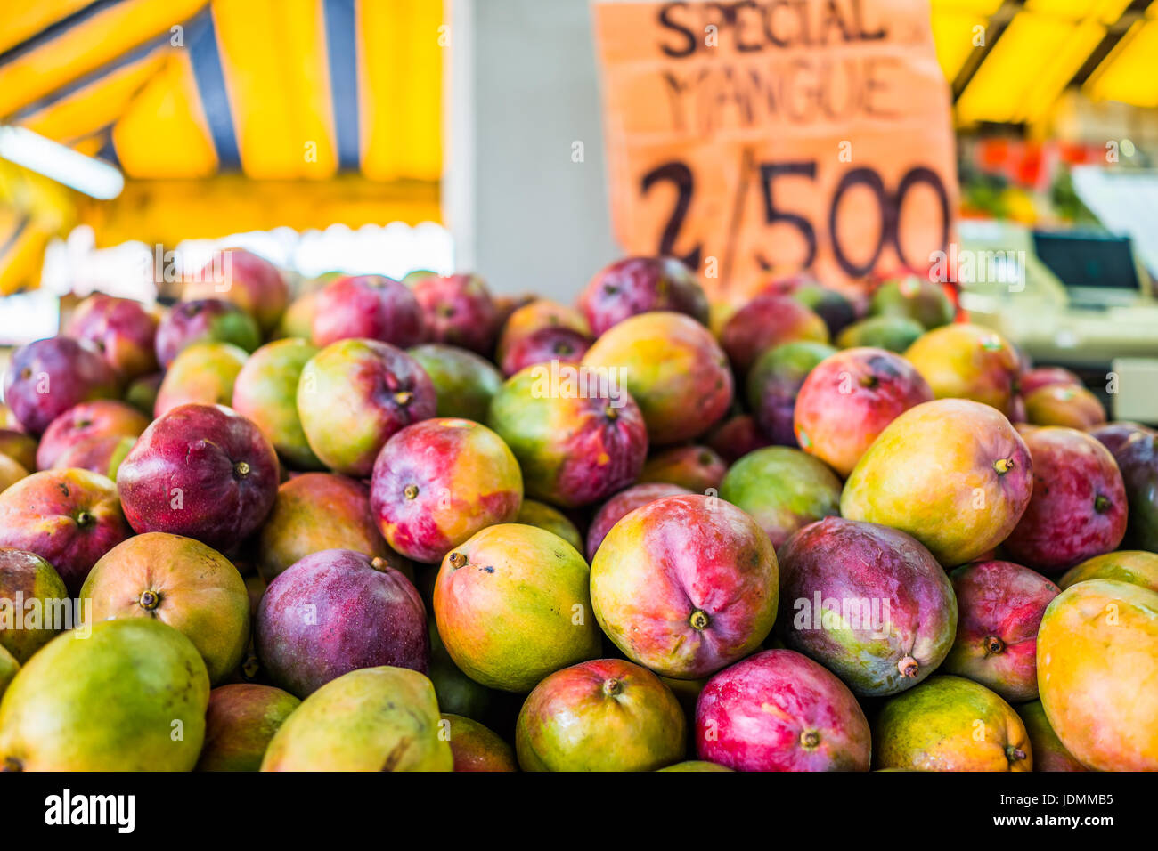 Macro closeup of many yellow ripe vibrant red mangoes on display with