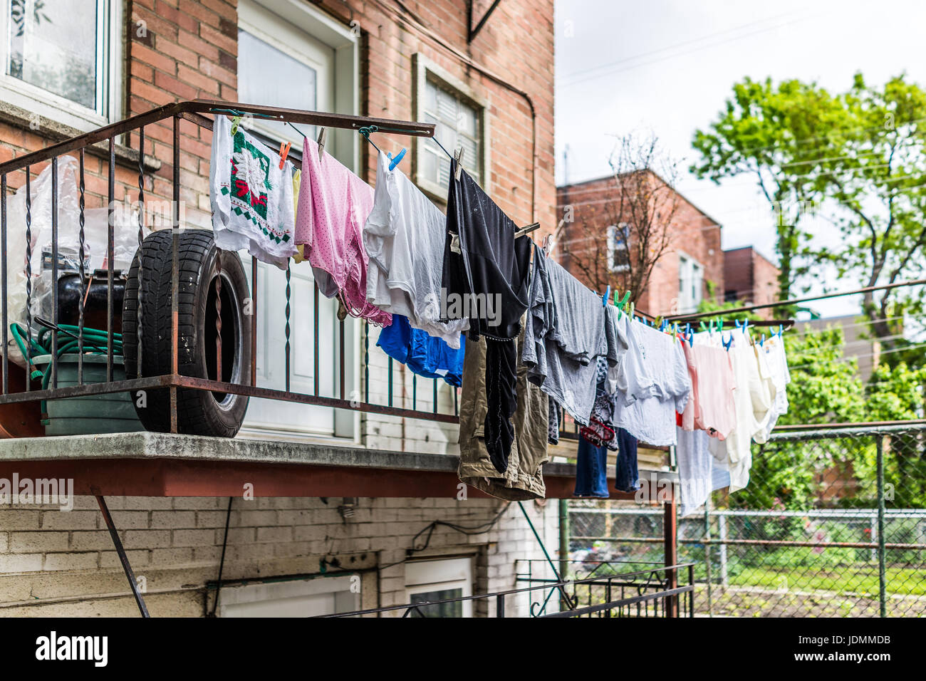 Montreal, Canada - May 27, 2017: Clothes laundry hanging on a