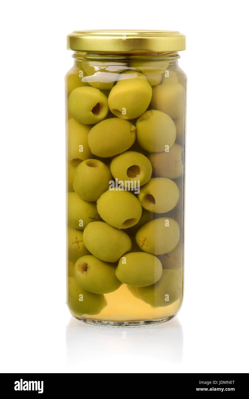 Front view of canned  green olives isolated on white Stock Photo