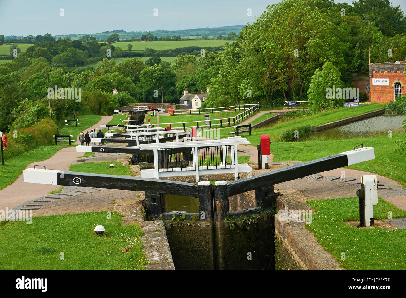Foxton Locks on the Leicester arm of the Grand Union Canal on a summer evening. Stock Photo