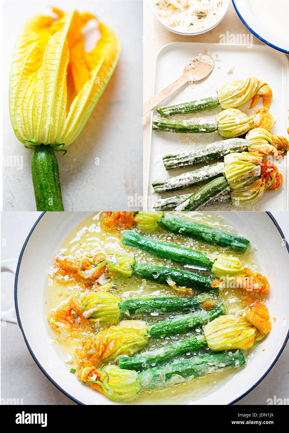 Fried courgette flowers recipe storyboard step by step Stock Photo Alamy