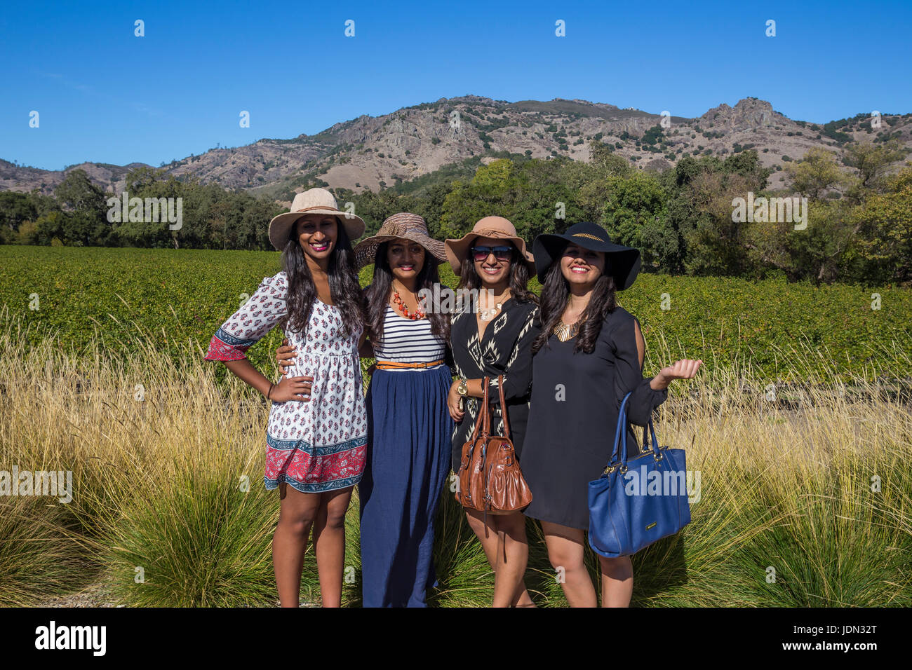 adult women, tourists, visitors, visiting, Stag's Leap Wine Cellars, Silverado Trail, Napa, Napa Valley, Napa County, California, United States Stock Photo