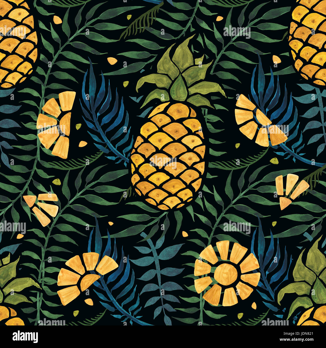 Seamless tropical pattern with pineapples and palm leaves. Hand drawn ...