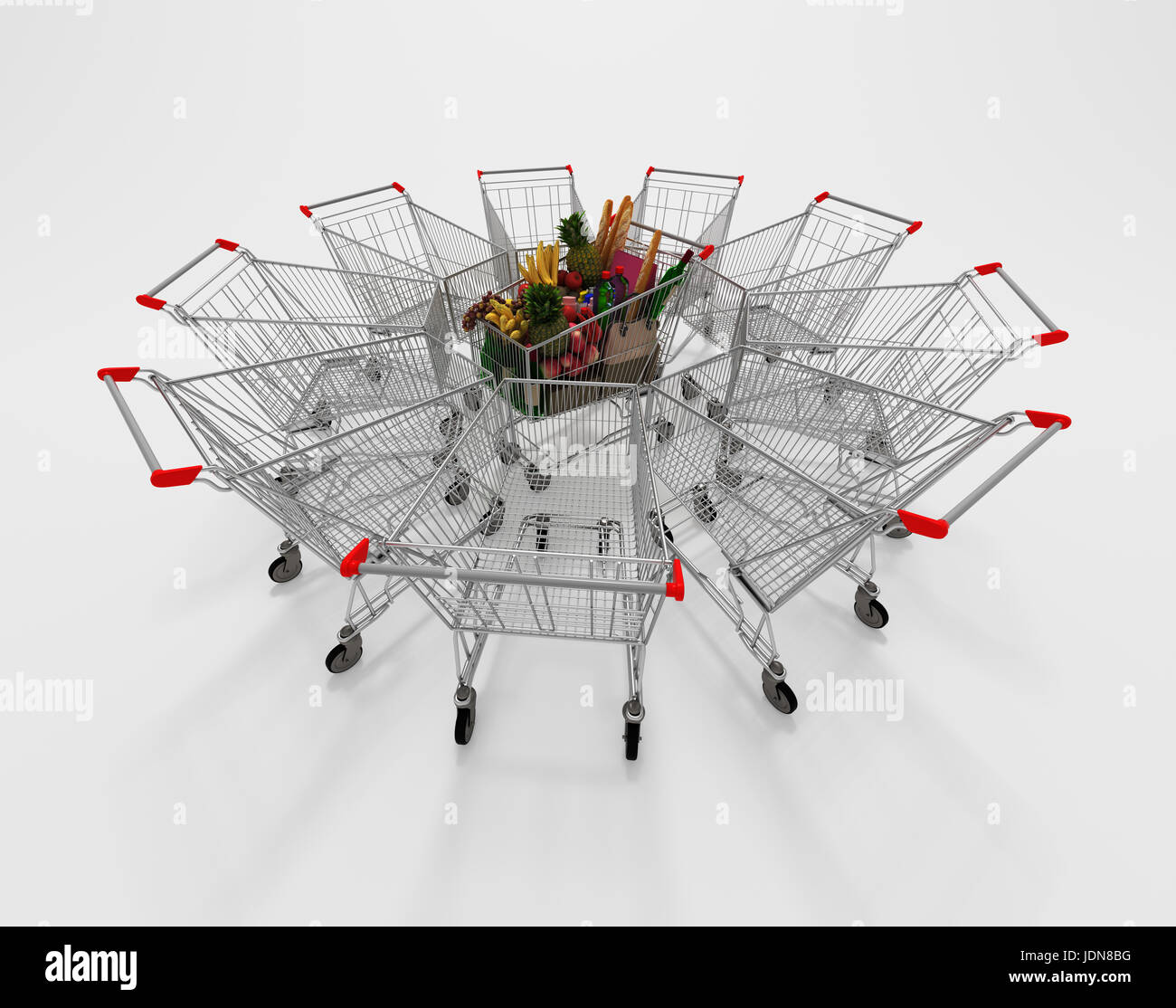 Full Shopping Cart In The Center Of Empty Shopping Carts Stock Photo