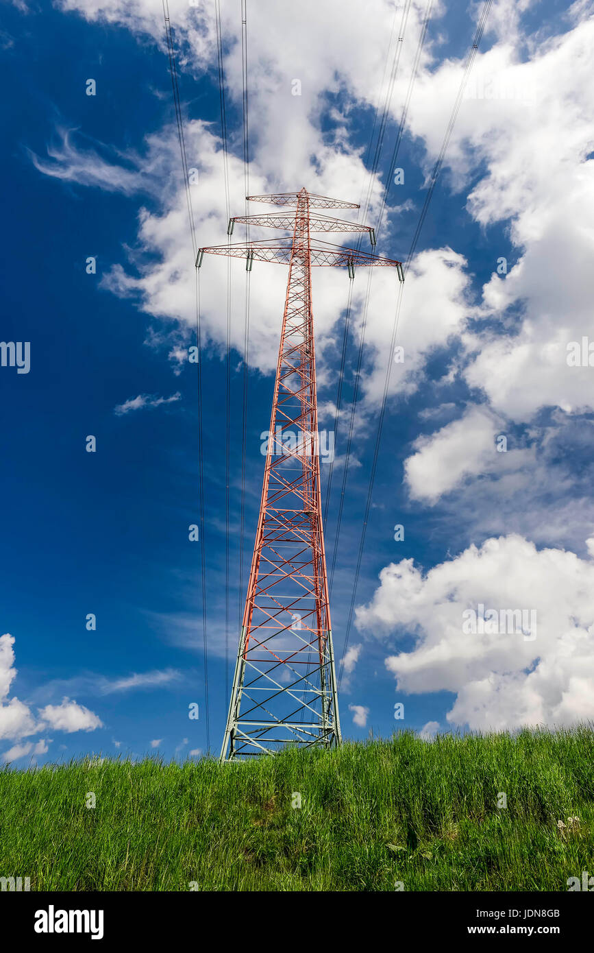 High-tension mast and green area, symbolic photo green energy, Hochspannungsmast und Gruenflaeche, Symbolfoto gruene Energien Stock Photo