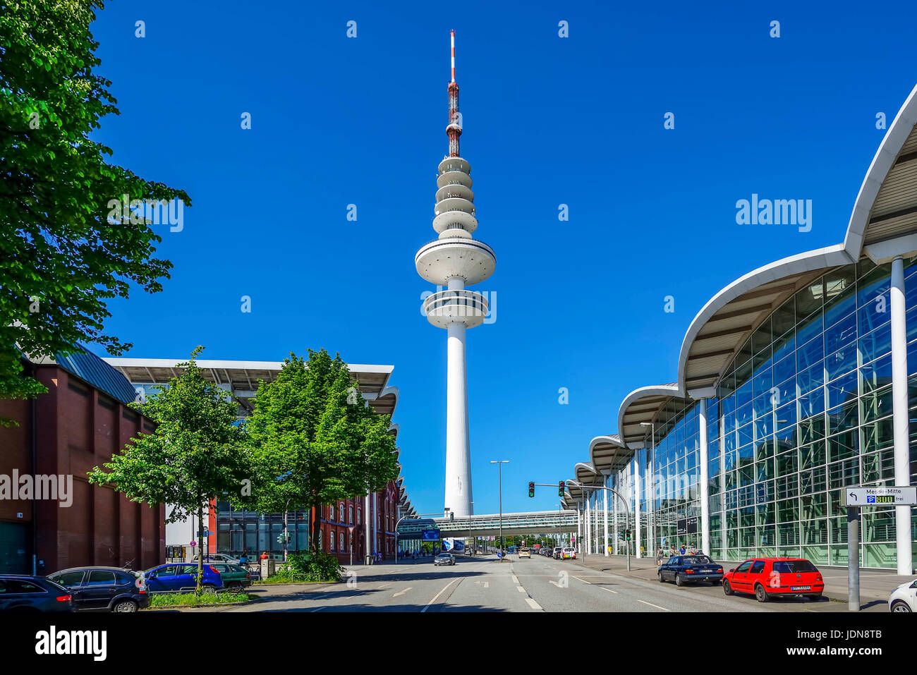 Fair halls and television tower in Hamburg, Germany, Europe, Messehallen und Fernsehturm in Hamburg, Deutschland, Europa Stock Photo