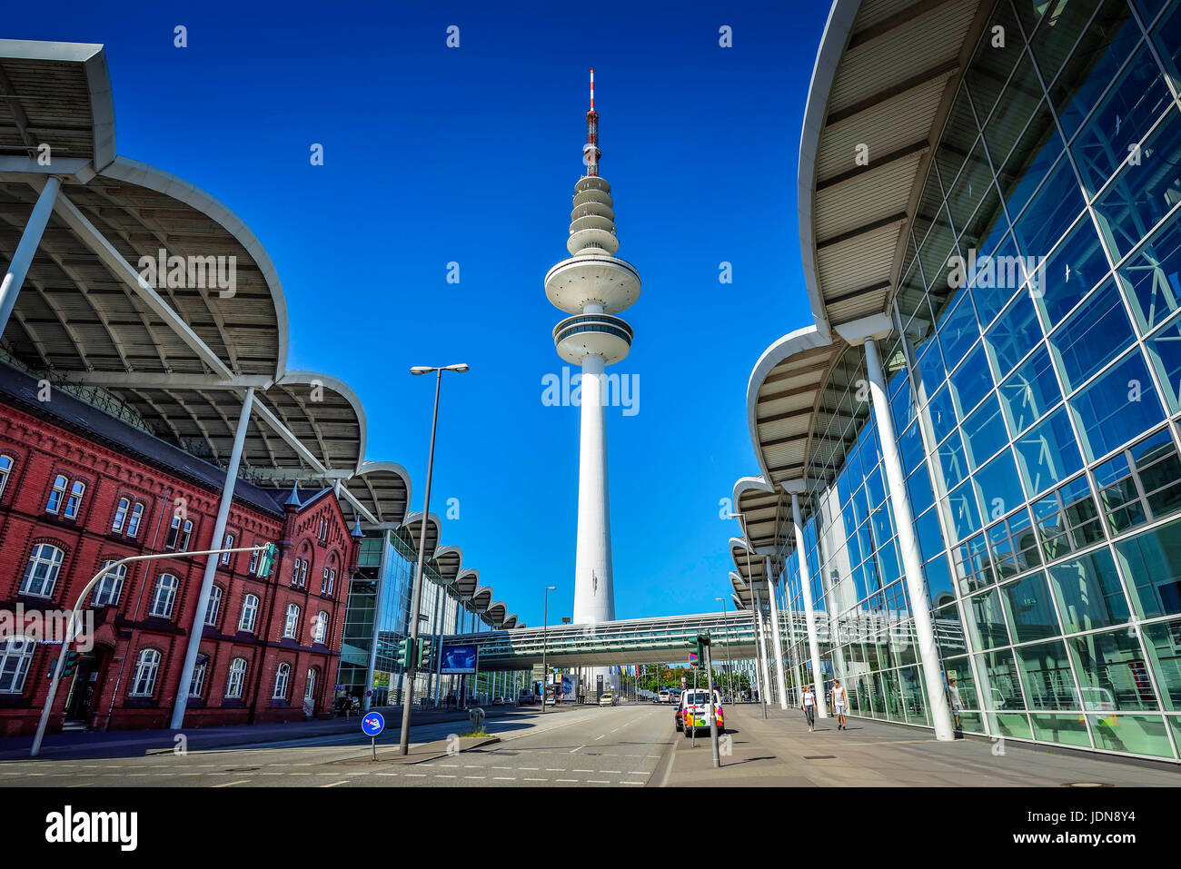 Fair halls and television tower in Hamburg, Germany, Europe, Messehallen und Fernsehturm in Hamburg, Deutschland, Europa Stock Photo