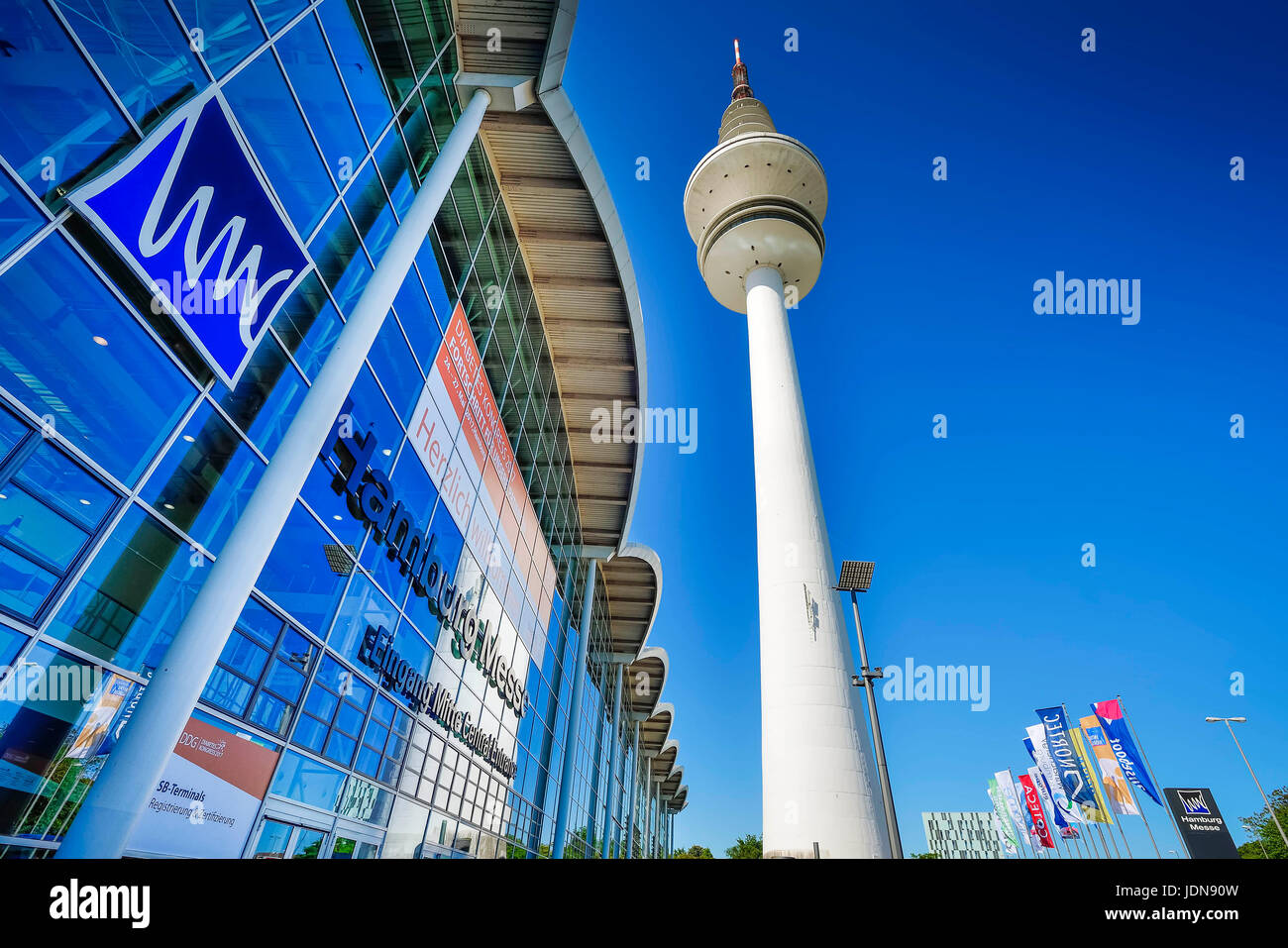 Fair halls and television tower in Hamburg, Germany, Europe, Messehallen und Fernsehturm in Hamburg, Deutschland, Europa Stock Photo