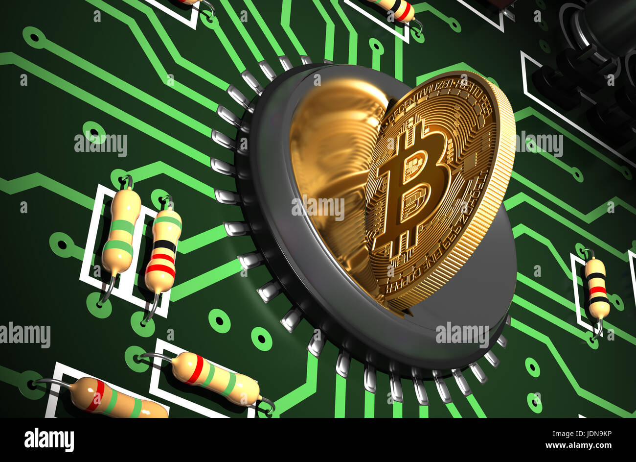 Putting Bitcoin Into Coin Slot On Green Motherboard And Creating Heart Shape With Reflection Stock Photo