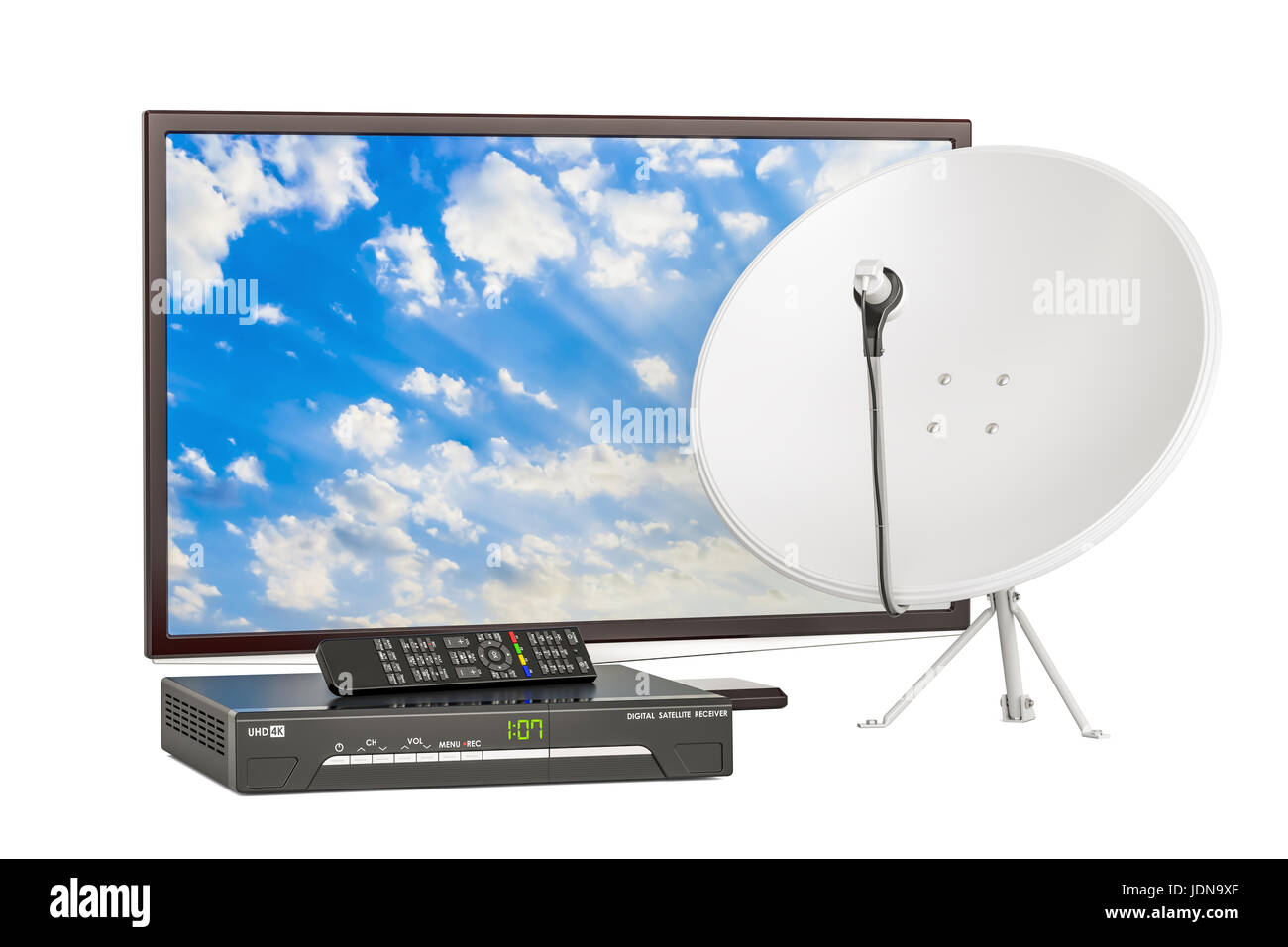 TV set with digital satellite receiver and satellite dish, telecommunications concept. 3D rendering Stock Photo