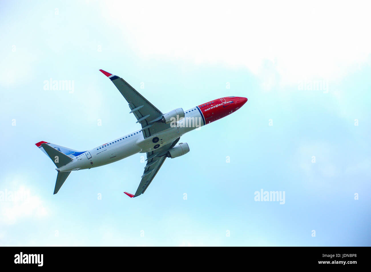 Norwegian airline aircraft takeoff Stock Photo