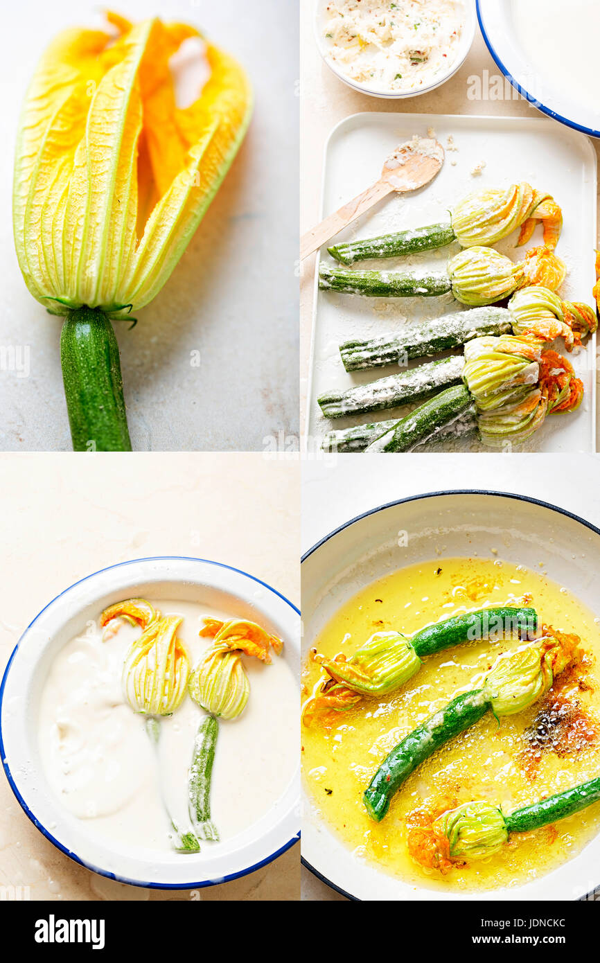 Fried courgette flowers recipe storyboard step by step Stock Photo Alamy