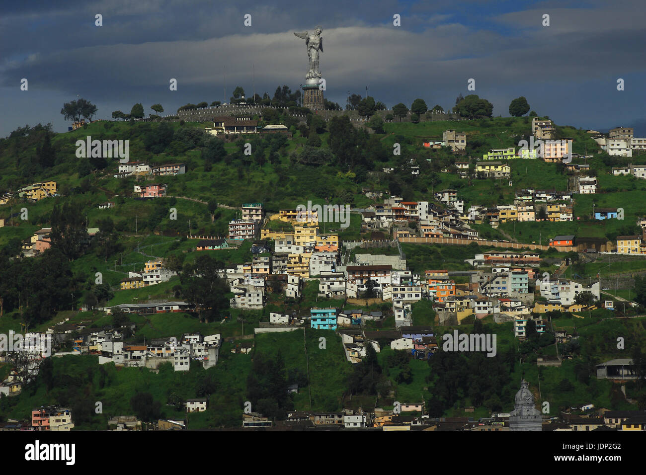 A statue of the Winged Virgin Mary on a hill in the historic center of Quito, Ecuador Stock Photo