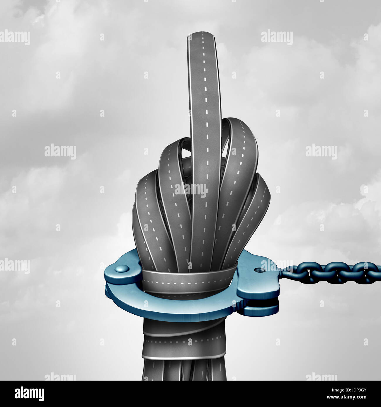 Road rage crime and aggressive driving criminal act as a group of road symbols shaped as a rude hand gesture as a traffic law violation metaphor. Stock Photo