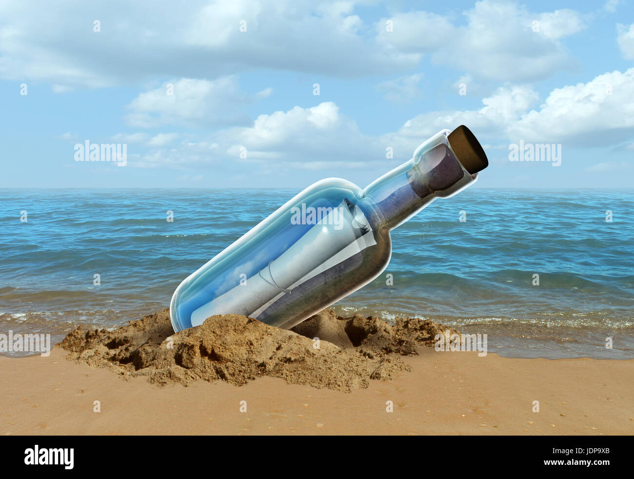 Message in a bottle concept as a note on a sealed glass container as a communication metaphor for sending a letter of help from a castaway. Stock Photo