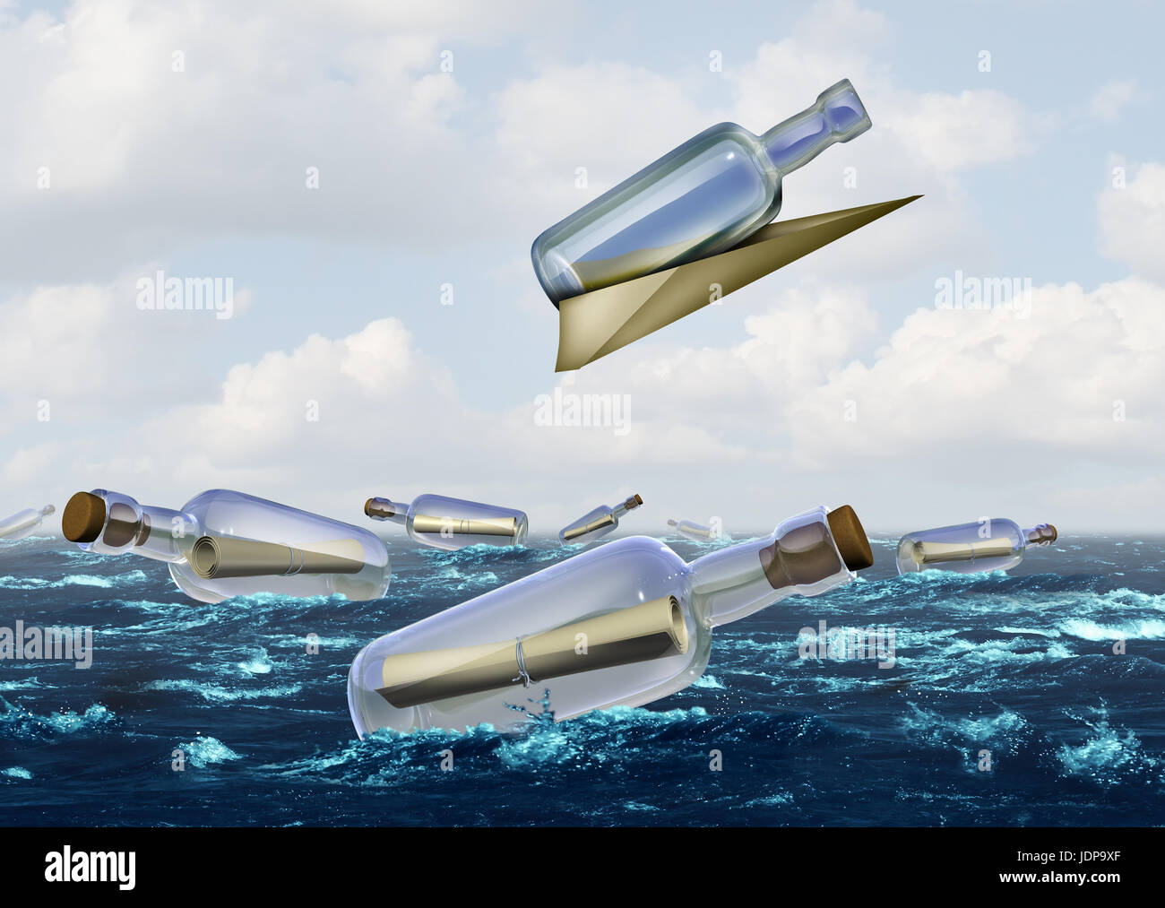 communication innovation concept as a message in a bottle metaphor with a group of bottles with one glass container being transported. Stock Photo