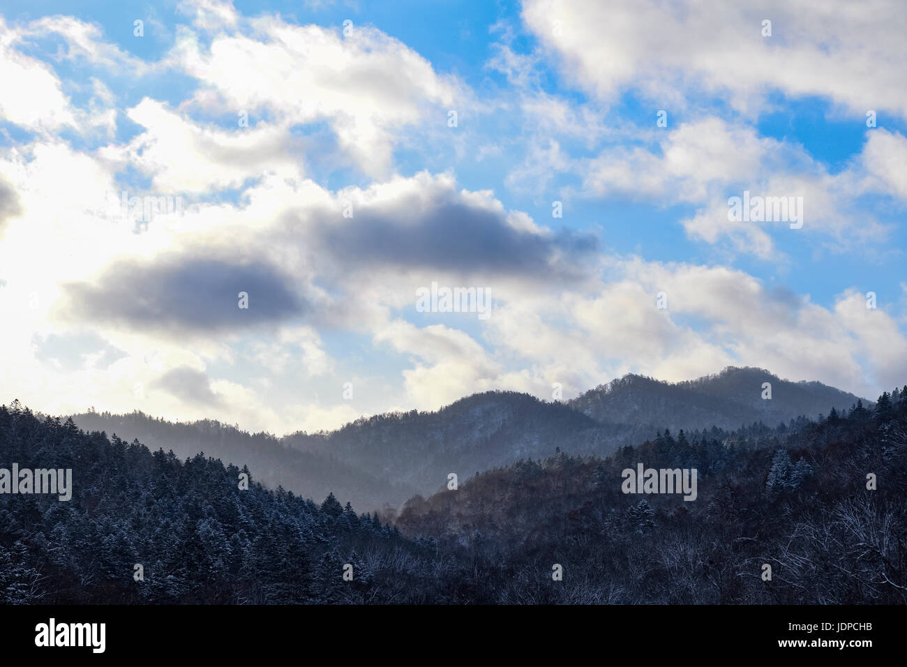 Snowy mountainscape in Hokkaido, Japan Stock Photo